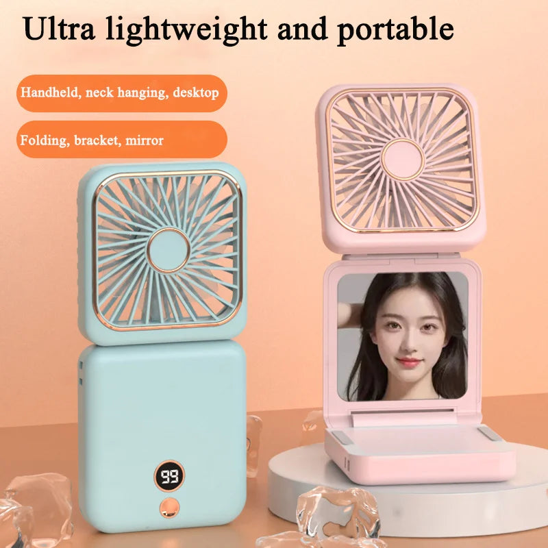 3-in-1 Mini Portable Fan Hanging Neck Fan Handheld Fan & Foldable Mirror with Power Bank, Compact & Portable for Summer Sports