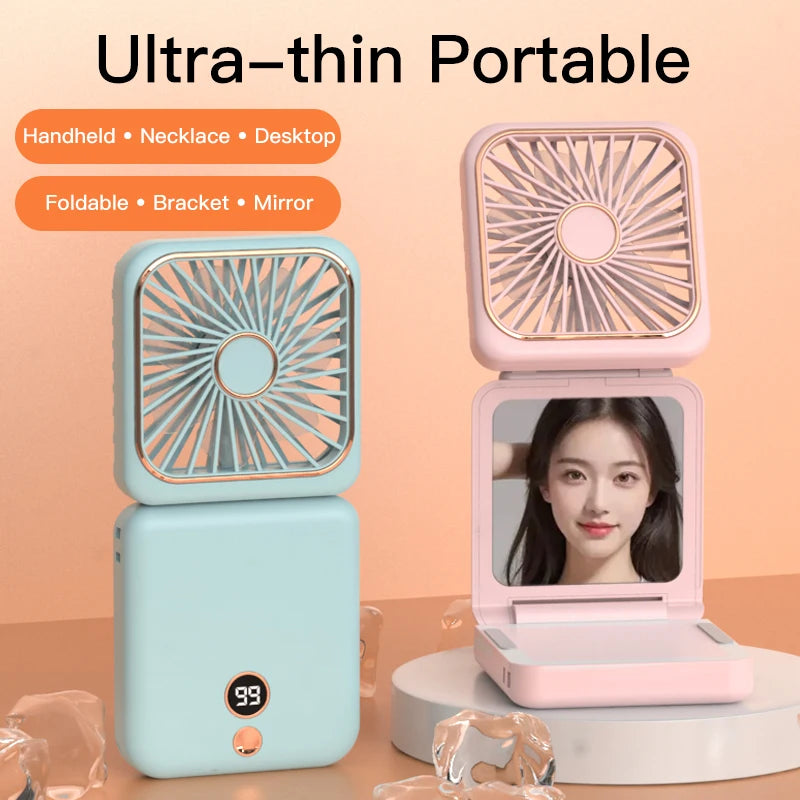 3-in-1 Mini Portable Fan Hanging Neck Fan Handheld Fan & Foldable Mirror with Power Bank, Compact & Portable for Summer Sports