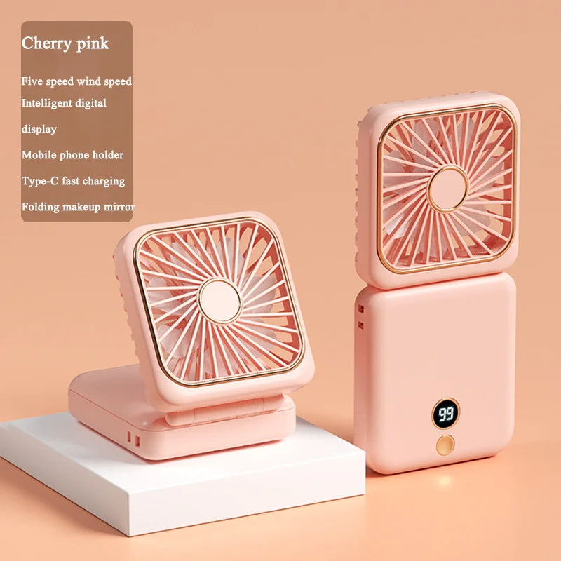 3-in-1 Mini Portable Fan Hanging Neck Fan Handheld Fan & Foldable Mirror with Power Bank, Compact & Portable for Summer Sports