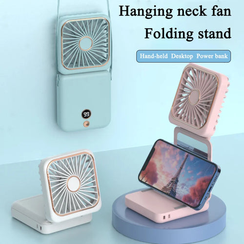 3-in-1 Mini Portable Fan Hanging Neck Fan Handheld Fan & Foldable Mirror with Power Bank, Compact & Portable for Summer Sports