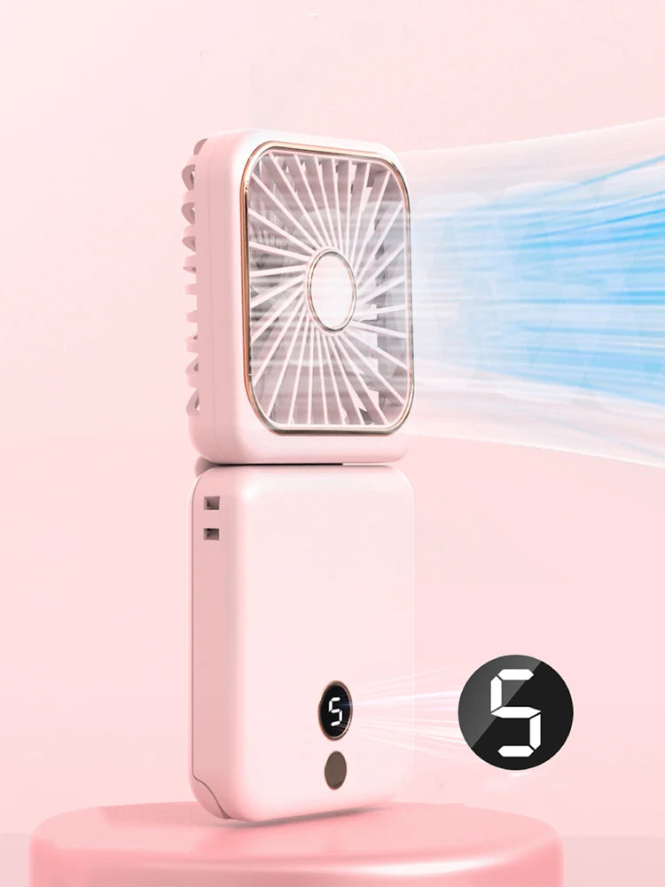 3-in-1 Mini Portable Fan Hanging Neck Fan Handheld Fan & Foldable Mirror with Power Bank, Compact & Portable for Summer Sports