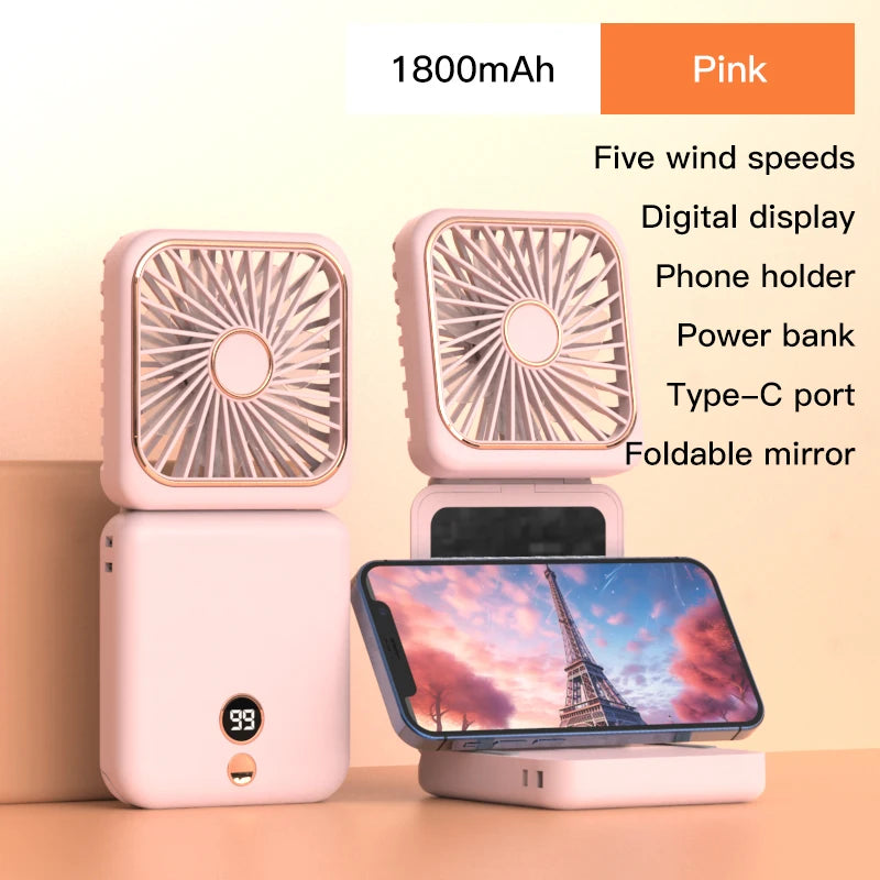 3-in-1 Mini Portable Fan Hanging Neck Fan Handheld Fan & Foldable Mirror with Power Bank, Compact & Portable for Summer Sports