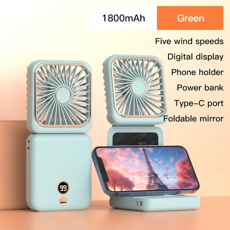 3-in-1 Mini Portable Fan Hanging Neck Fan Handheld Fan & Foldable Mirror with Power Bank, Compact & Portable for Summer Sports
