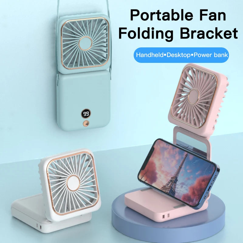 3-in-1 Mini Portable Fan Hanging Neck Fan Handheld Fan & Foldable Mirror with Power Bank, Compact & Portable for Summer Sports